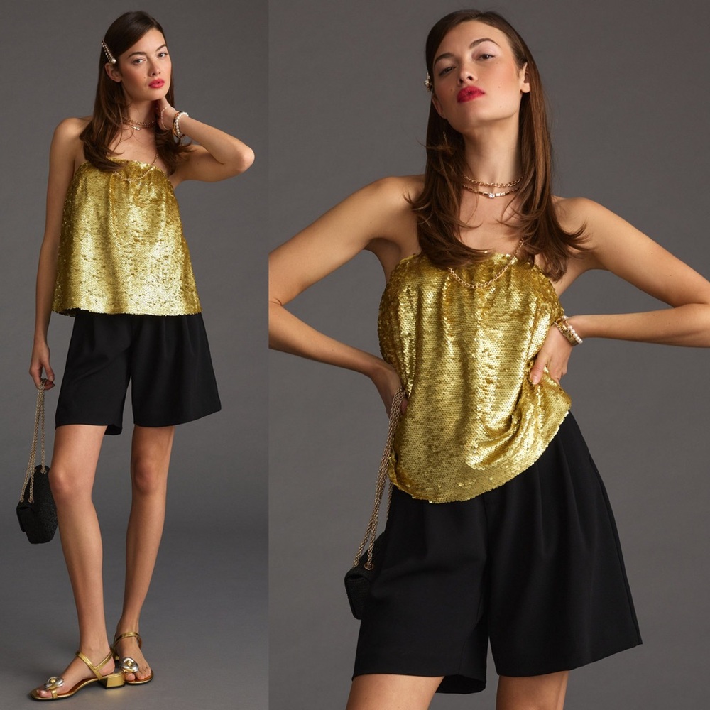 Anthropologie NWT Gold Sequin Tube Top Size Medium Party Night Out - Picture 3 of 8